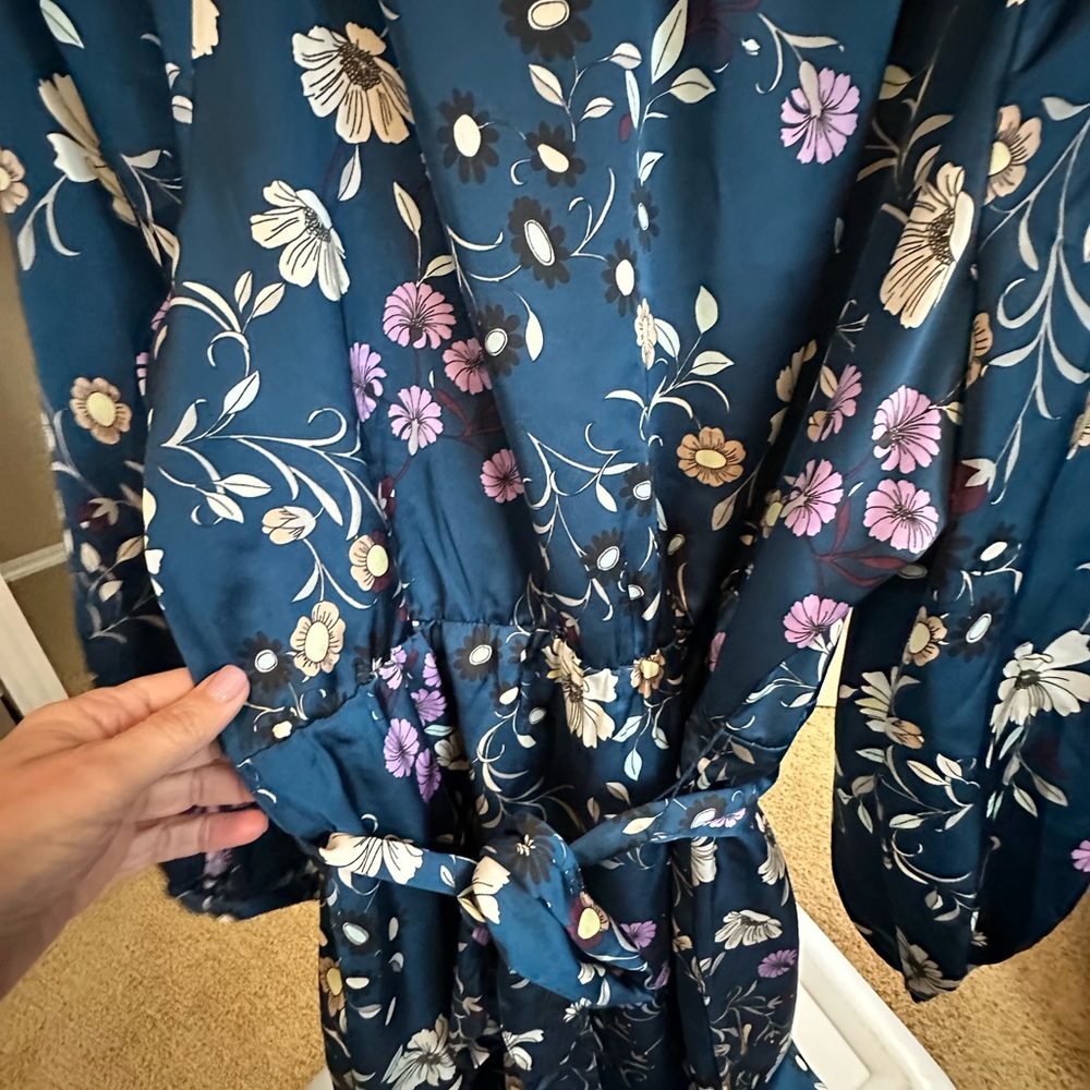Ann Taylor Teal Floral Long Sleeve Wrap Dress - Picture 3 of 5